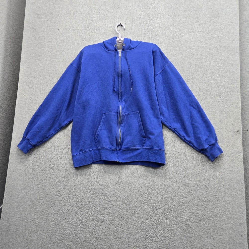 VINTAGE Hanes Men Hoodie L Blue Fleece Full Zip Drawstring Ultimate Cotton